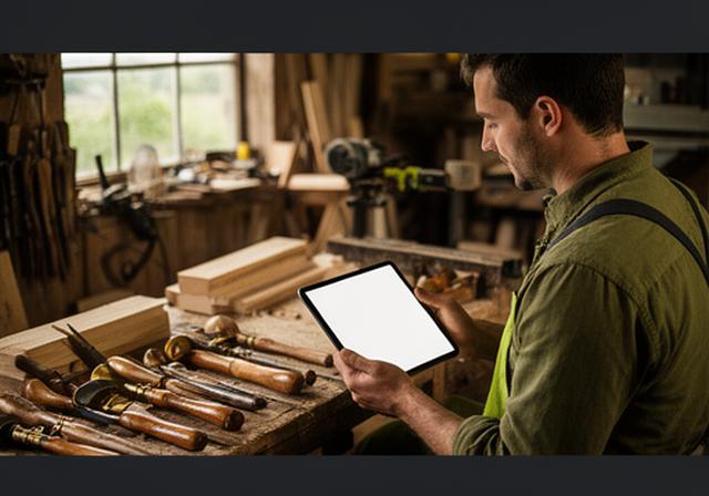 Handwerker mit Tablet in einer ländlichen Werkstatt neben traditionellem Werkzeug