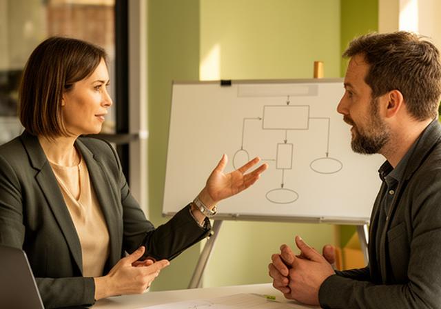 Beraterin bespricht einen Prozessplan mit einem Unternehmer in einem modernen Büro in Everswinkel