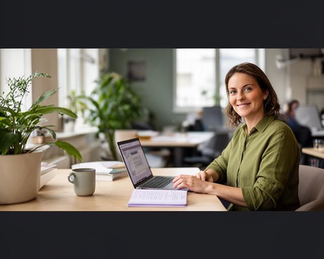 Freiberuflerin arbeitet entspannt mit Laptop und Notizbuch in einem hellen Coworking-Space im Münsterland